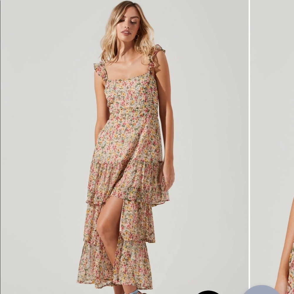 Yellow floral maxi dress with ruffle and slit